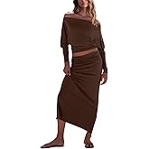 UNIANKIYA 2 Piece Skirt Sets For Women Size XS-L Casual Off Shoulder Batwing Long Sleeve Tops and Maxi Skirt Vacation Outfits