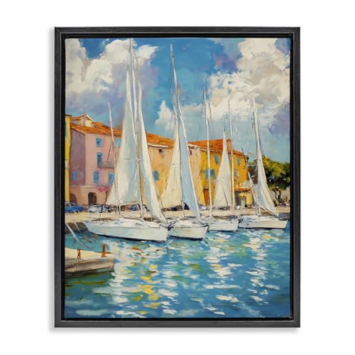 Stupell Industries Sail Away Boat Harbor Gold Framed Floater Canvas Wall Art, d…