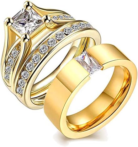 wedding ring set Two Rings His Hers Couples Rings Women's 10k Yellow Gold Filled White CZ Wedding Engagement Ring Bridal Sets & Men's Stainless Steel Wedding Band