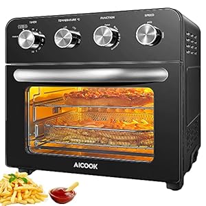 10-in-1 Air Fryer Oven, AICOOK 23L Mini Oven Electric with Grill and Rotisserie, 4 Knob Easy Control for Chicken, Pizza and Cookies, 100 Recipes Book Included, Black