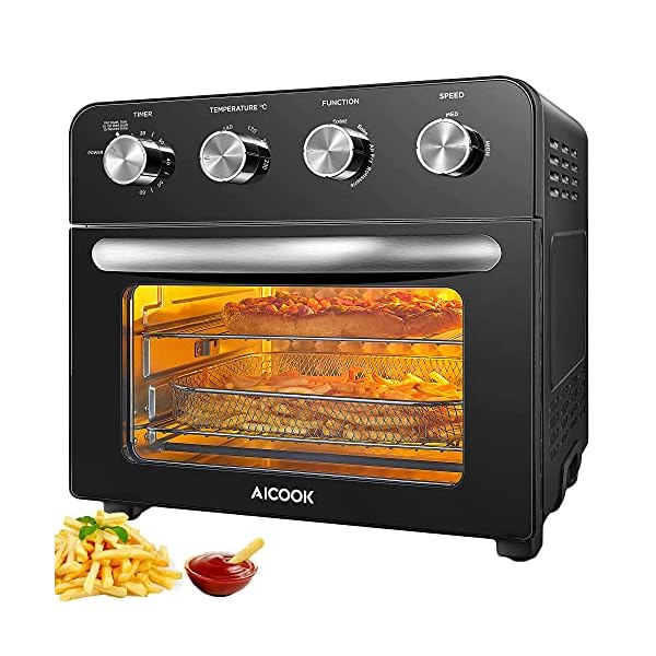 10-in-1-Air-Fryer-Oven-AICOOK-23L-Mini-Oven-Electric-with-Grill-and-Rotisserie-4-Knob-Easy-Control-for-Chicken-Pizza-and-Cookies-100-Recipes-Book-Included-Black 10-in-1 Air Fryer Oven, AICOOK 23L Mini Oven Electric with Grill and Rotisserie, 4 Knob Easy Control for Chicken, Pizza and Cookies, 100 Recipes Book Included, Black