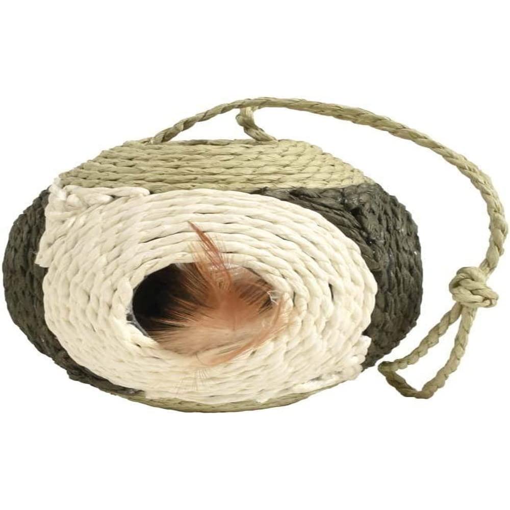 Bobby Facette - Cat Ball, Scratching Post Game in recycled rope, with balls and feathers, to hang, Green, 10 Diameter-30 CM