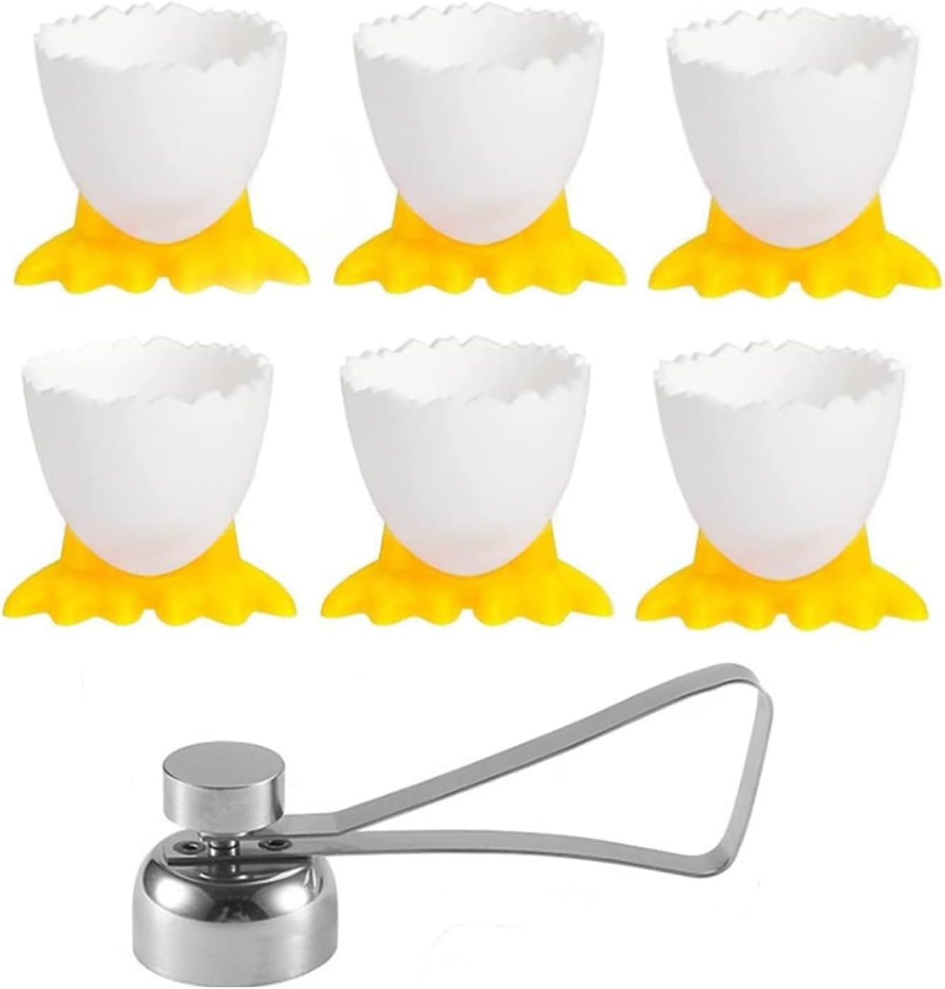 LATRAT Egg Cup Egg Opener Set, 6 Pieces Egg Stand + 1 Piece Stainless Steel Egg Opener, Cartoon Egg Stand Egg Cup Children Breakfast Egg Cup Egg Holder Egg Stand in Kitchen for Boiled Eggs, Yellow-2