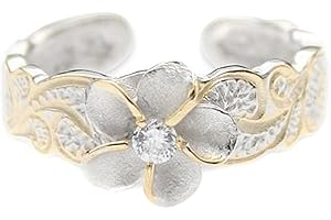 LAMONGEN Hawaiian Sterling Silver With Yellow Gold Flashed Plumeria Toe Ring With Synthetic CZ Accent