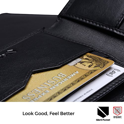 Silent Pocket Black Leather RFID Blocking Bi-Fold Wallet (Jet Black)