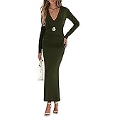 Lazysmile Bodycon Maxi Dresses for Women Long Sleeve V Neck Ruched Waist Elegant Formal Wedding Guest Cocktail Dress
