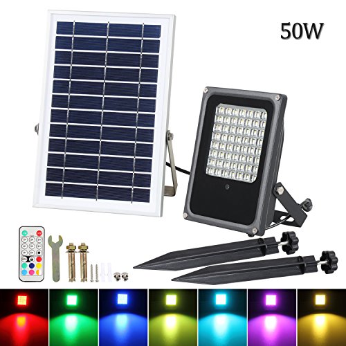 Solar LED Flood Lights, T-SUNRISE 50W RGB Color Changing Outdoor Security Floodlight, IP65 Waterproof, Remote Control, Landscape Lighting Solar Spotlight for Decking Lighting, Patio Lighting