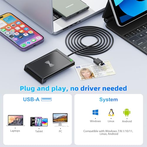 USB smart card reader with NFC, USB smart card reader, DOD military card reader for ID card, bank cards, compatible with Windows, Linux, PC laptop, 95 cm cable