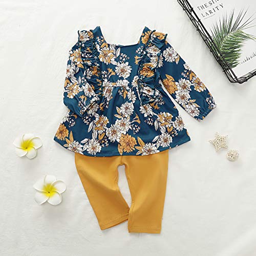 Kids Little Toddler Baby Girls Fall Outfit Ruffled Long Sleeve Floral Dress Shirt Tops + Lace Pants Winter Clothes Set Blue