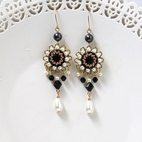 Handmade Black and White Chandelier Swarovski Crystal Goldfilled Dangle Earrings