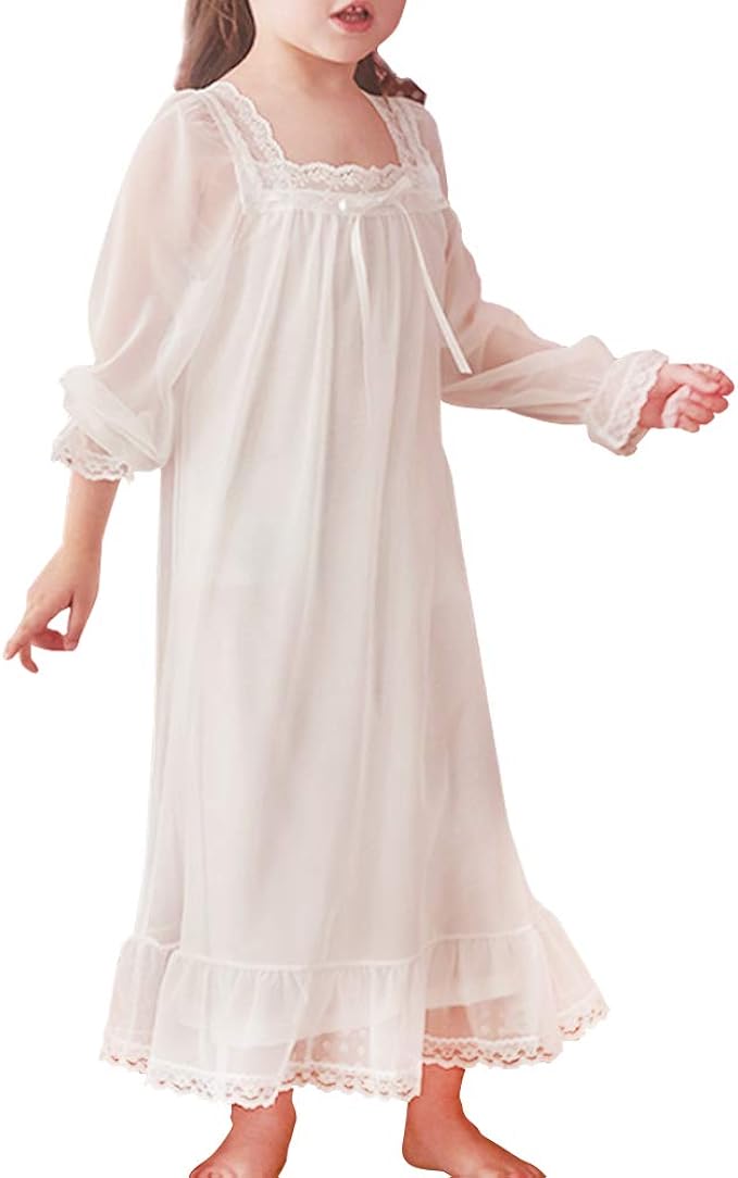 Fgy Nightgowns For Girls Soft Cotton Long Sleepwear Full Length Mesh Nightdress For Kids 3 12 Years