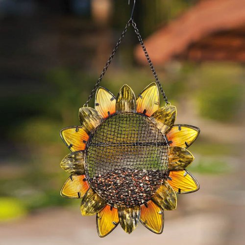 Evergreen garden sunflower metal and glass hanging mesh bird feed…