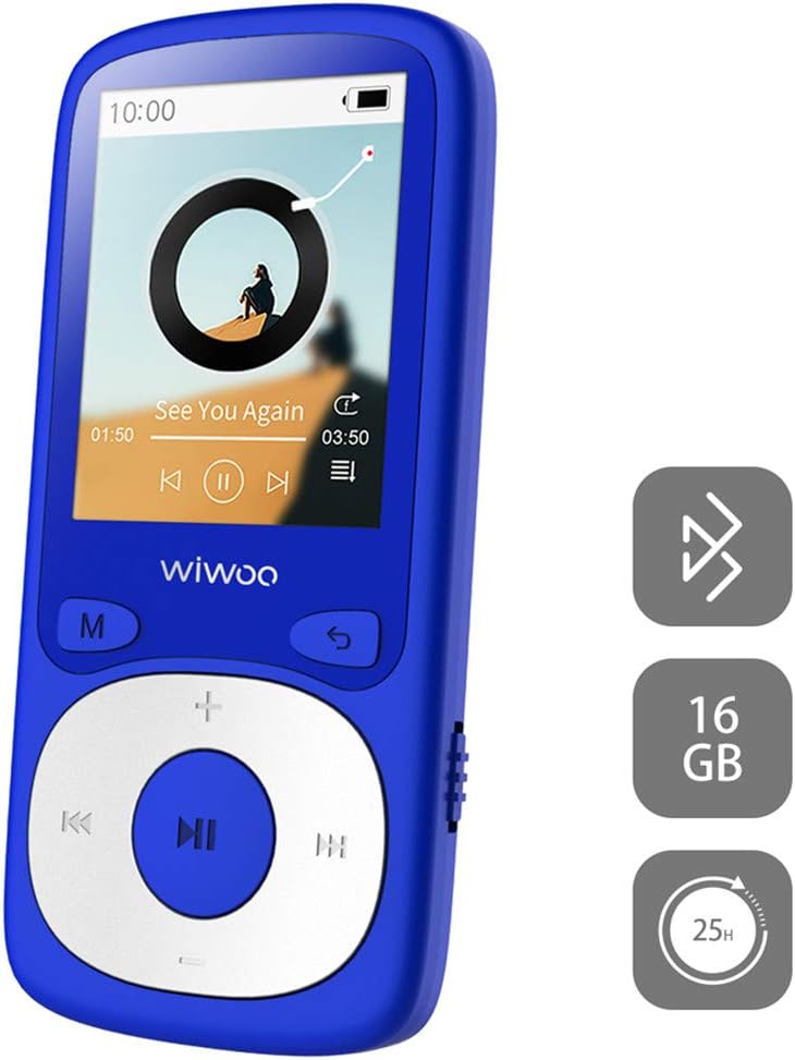 Wiwoo 16GB MP3 Player with Bluetooth, Portable MP3 Music Player with Hi-Fi Lossless Sound Quality, 1.8TFT Screen, Adjustment, Headphones, FM Radio, Voice Recorde, Expandable 128GB TF Card