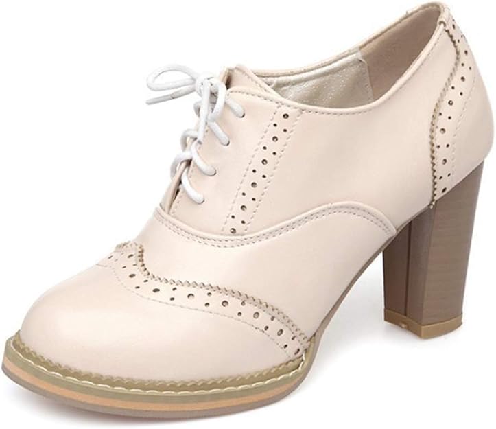 MIOKE Women�s Chunky High Heel Oxford Pump Lace Up Wingtip