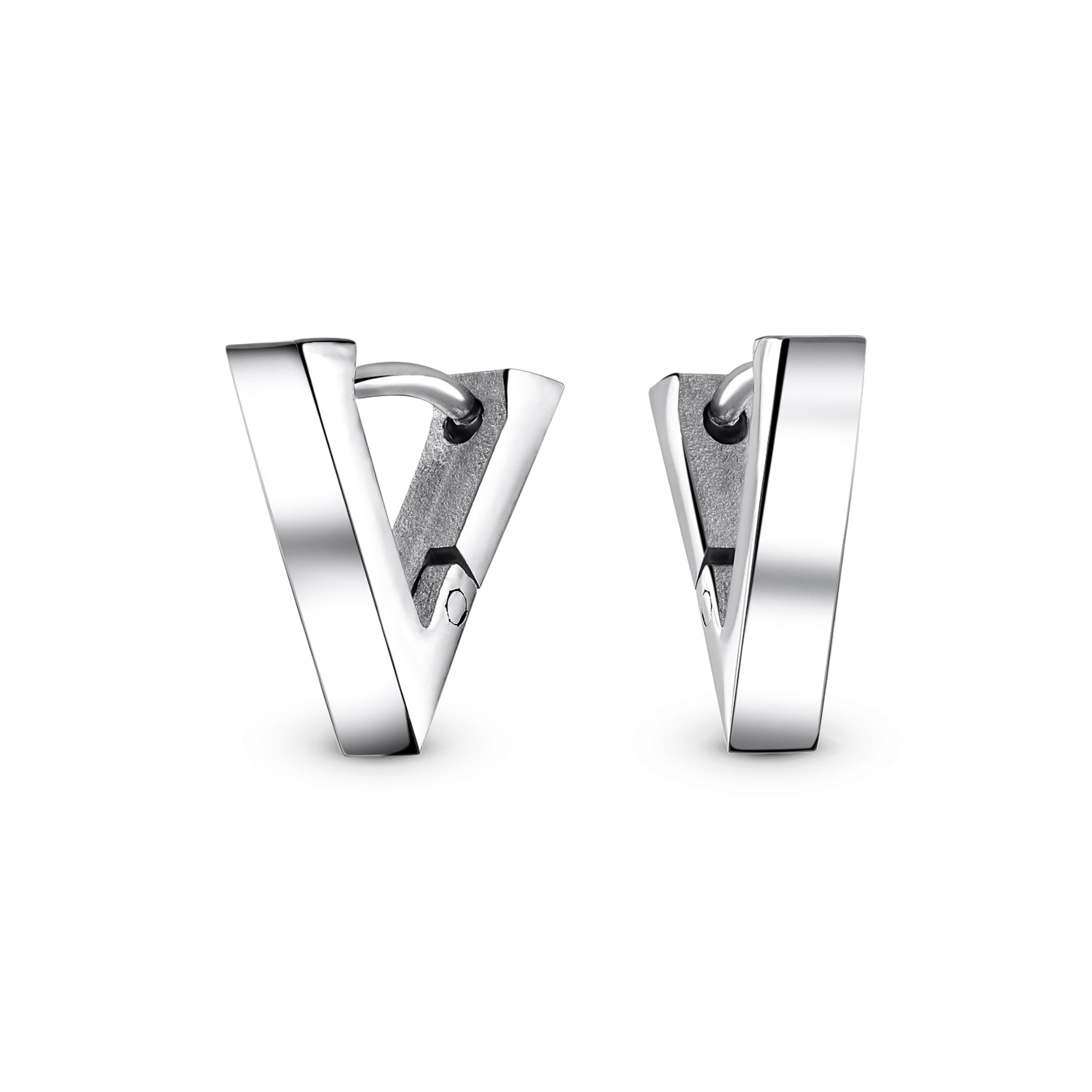 Geometric Triangle V Shape Flat Huggie Earrings For Women For Men Silver Tone Stainless Steel