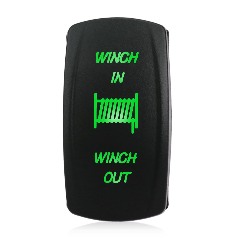 WATERWICH 7 pin Momentary Winch In Out Rocker Toggle Switch Waterproof DC 20A 12V/10A 24V Black Shell/ON-OFF-ON DPDT illuminated Rocker Switch For Auto Truck Boat Marine Off Road (Green)