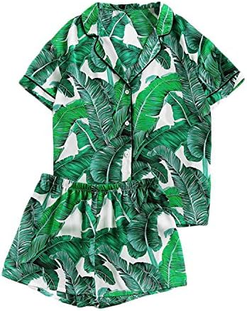 Mandaartins Women Green Palm Leaf Print Collar Pajama Set Elastic Waist Sleepwear with Botton