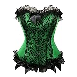 Womens Floral with Black Lace Trim Corset Satin Overbust Waist Cincher Bustier, Green, M/Natural waist:26-27inch