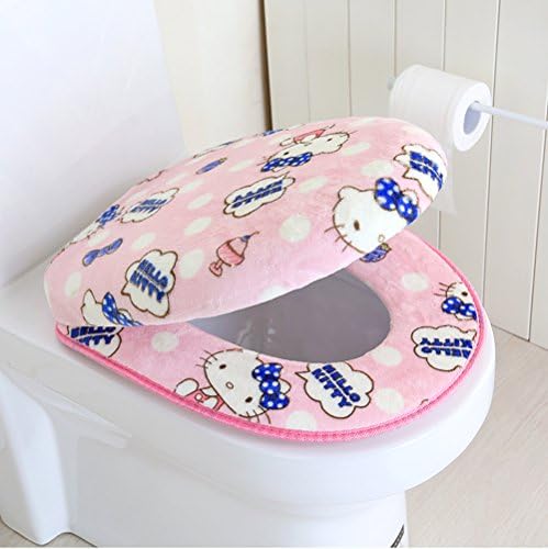 Cute Hello Kitty Cartoon Plush Toilet Seat Cover Toilet Lid Bath Toilet Decor Set Home Decor (Pink)