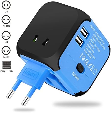 Universal Travel Adapter, VOGTEL Worldwide All in One Power Adapter AC Power Plug Converters Wall Charger with Dual USB Charging Ports for Italy Europe UK AUS USA (Blue)