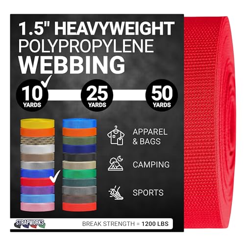 Strapworks Heavyweight Polypropylene Webbing - Heavy Duty Poly Strapping for Outdoor DIY Gear Repair, 1.5 Inch x 10 Yards, Red