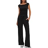 Darong Women 2 Piece Lounge Set Cap Sleeve Boat Neck Top Wide Leg Pants Set Summer Outfit Two Piece Travel Outfit
