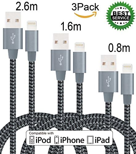Tecland 0.8M 1.6M 2.6M iPhone Nylon Braided Lightning Cables to USB Sync Charger with Aluminum Connector for iPhone7/7Plus/ 6/ 6s/ Plus /5s /5Plus/ 5, iPad Pro, Air 2, iPad mini.( Grey &amp; Black )