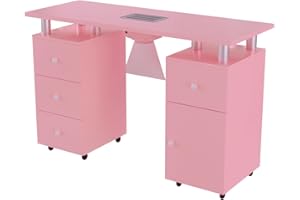Cimcame Manicure Desk for Nail Tech 47 inch Nail Table w/Electric Downdraft Vent/Drawers/Wrist Pad/Lockable Wheels Acetone Resistant Nail Art Station for Salon Spa Beauty Bar Technician,Pink