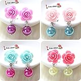 Elesa Miracle Girl Party Favor Birthday Gift Pretend Play Princess Jewelry Set 4pc Rose Flower-Shaped Clip-on Earrings Value Set