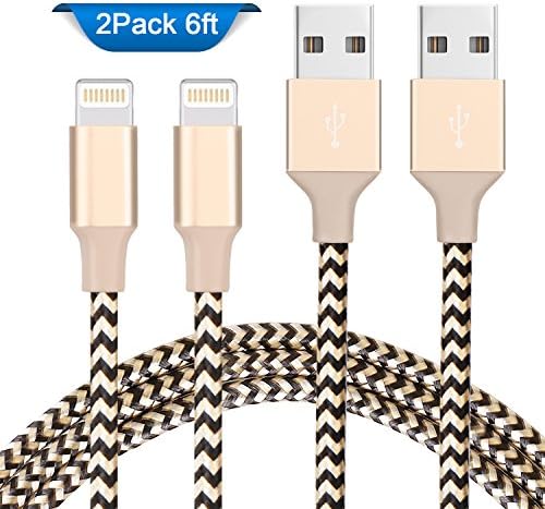 iPhone Charging Cables, 2 Pack 6Ft Elktry Fast Speed Nylon Braided Charger Cord Fast Sync &amp; Data Cable Tangle-Free for iPhone 7 7 Plus 6 6S 6 Plus 6S Plus SE 5S 5C 5 iPad Pro Air iPod (Rippled Gold)