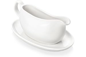 MALACASA 14 oz Gravy Boat with Saucer Stand, Porcelain Sauce Boat with Tray for Salad Dressings, Creamer, Broth, Milk, Ergonomic Handle, Microwave & Dishwasher Safe (White)