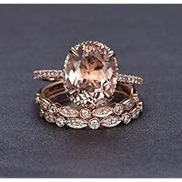 2.25 Carat Oval cut Morganite and Diamond Trio Wedding Ring Set On Rose Gold with Engagement Ring and Two Wedding Bands