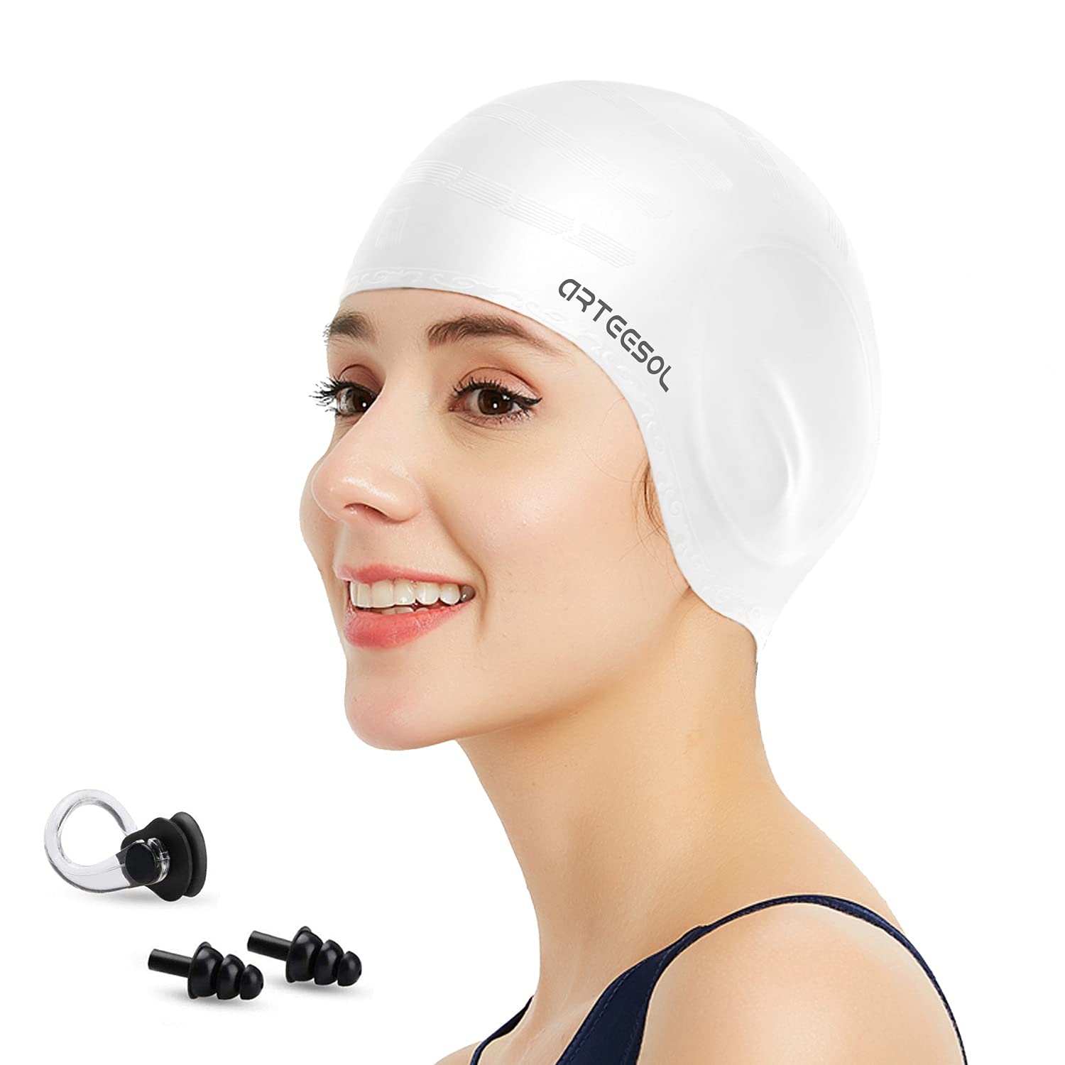 Blackace arteesol Swimming Cap Women Swimming Hat Silicone Swim Cap Swim Hat Waterproof Cap, 3D Ear Ergonomic Design, Anti-Slip Long Hair, Swimming Cap for Women