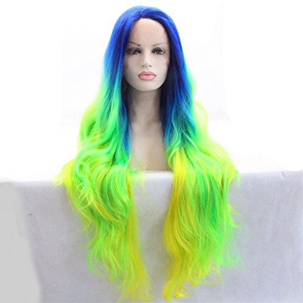 Xiweiya Wigs Long Natural Straight Mermaid Piano Color Blue to Green to Yellow Multi-colored Lace Front Wig Synthetic for Women Drak Queen Cosplay Halloween Wigs 24"