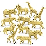 12 Jumbo Metallic Gold Plastic Safari Animal Set - Different Varieties of Zoo Animals, 3 Elephant 3 Giraffe 3 lion 3 Tiger PVC, 4-6 Inches