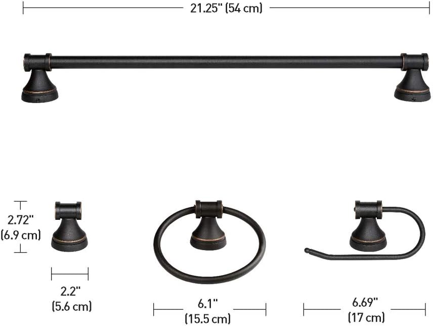Parker 5-Piece All-in-One Bathroom Set, Oil Rubbed Bronze, 3-Light Vanity Light with Clear Glass Shades, Towel Bar, Towel Ring, Robe Hook, Toilet Paper Holder, 50192 - - 