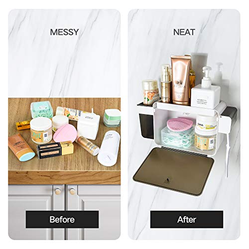 YOHOM Toothbrush Holder Wall Mounted Toothpaste Organizer for Shower Comb Razor Toiletry Multifunctional Bathroom Storage Caddy Set with Dustproof Cover No Drill - White & Black