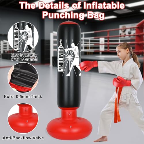Inflatable Punching Bag 160cm Free Standing Boxing Bag with Gloves | Thicken Sparring Fitness Speed Training Column Practice Equipment for Home MMA Taekwondo Decompression Kickboxing Adults Kids