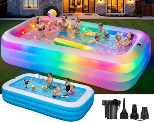 Inflatable Pool for Adults and Kids, 130"x72"x22" Full Size Inflatable Pools with Lights & Pump, Large Blow Up Pool for Family, Thickened Inflatable Swimming Pool for Outdoor Backyard