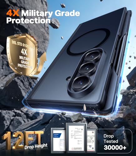 TORRAS Magnetic Shockproof for Samsung Galaxy Z Fold 7 Case with S Pen Holder & Screen Protector, Fit for MagSafe, Mil-Grade Hinge Protection, Translucent Slim Case for Samsung Z Fold 7, Black