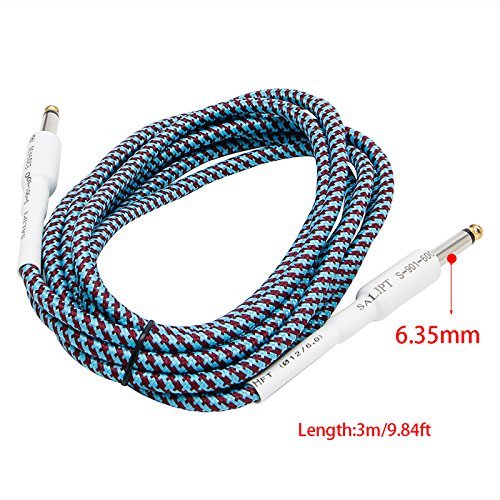 10FT Blue Guitar 6.35mm 1/4" Male to Male Audio Cable Wire Braided Cord With FREE String Winder/Peg Puller