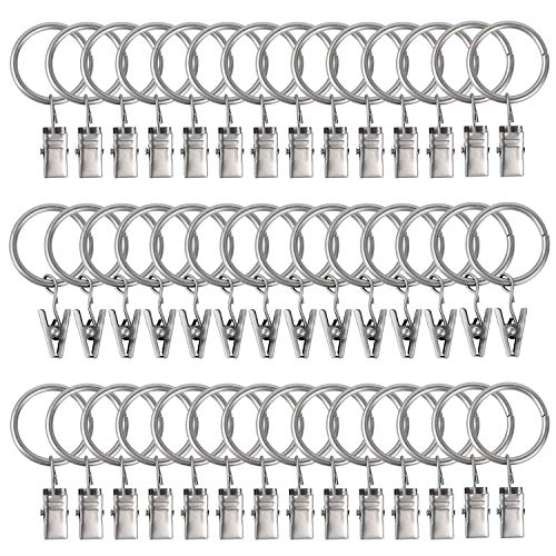 Topspeeder 42 Pack Curtain Rings with Clips Decorative Drapery Rustproof Vintage 1 Inch Interior Diameter Mist Silver Color