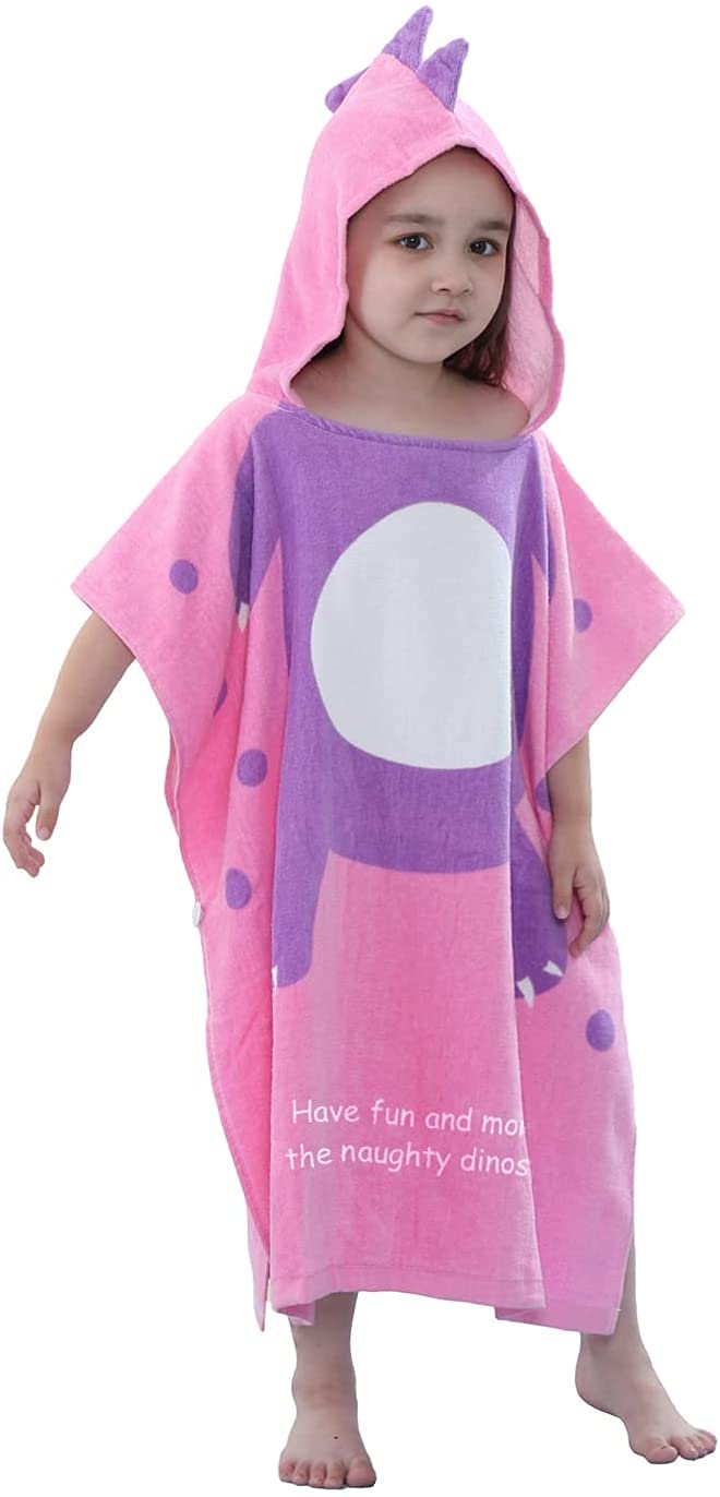 LOLANTA Kids Dinosaur Hooded Bath Towel Beach Towelling Poncho,Girls Swim Cover-Ups 100% Cotton(Pink A,5-7 Years,Tag Size L)
