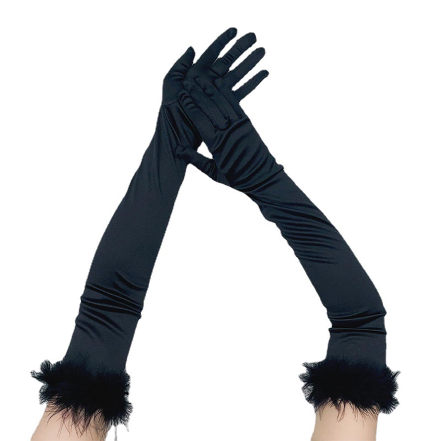 MFUOE 1 Pair Long Feathered Satin Gloves - Retro Party Opera Gloves for Stage Show & Halloween
