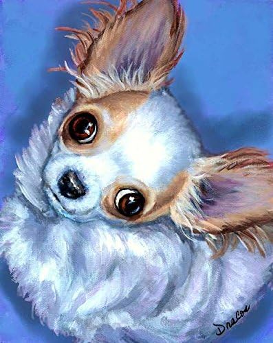 Chihuahua Dog Art Print, Fawn and White Chihuahua, on Blue Background, Long-haired Chihuahua, Print of Original Dog Painting by Dottie Dracos, .