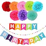 LyButty "Happy Birthday'' Banner Kit with 8 Colorful Tissue Pom Poms Paper Flowers and Colorful Paper Circles Garland for Birthday Party Decorations