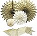 SUNBEAUTY Pack of 5 Gold Color Tissue Paper Fans Gold Glitter Powder Triangle Banner Ivory Honeycomb Balls for Birthday Gold Party Decorations