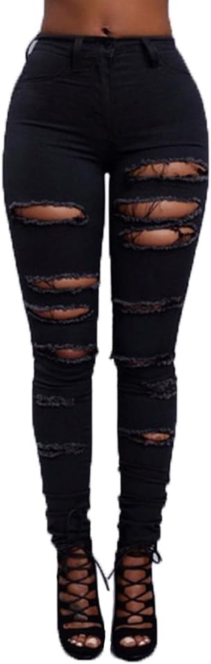 High Waist Women Knee Skinny Denim Distressed Ripped Boyfriend Jeans