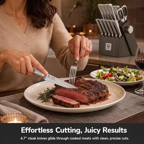 imarku 14-Piece Knife Set, Japanese High Carbon Stainless Steel Knife Block Sets, Ultra-Sharp Kitchen Knife Set with Built-in Sharpener, Dishwasher Safe, Gray