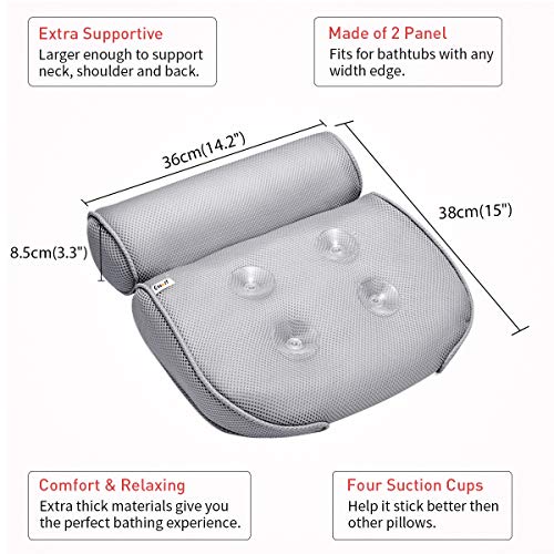 ESSORT Bathtub Pillow, Large Spa 3D Air Mesh Bath Pillow, Luxury Comfortable Soft Bath Cushion Headrest, for Head Neck Shoulder Support Backrest, Fits Any Size of Tubs, Jacuzzi (Gray) - Thumbnail 3